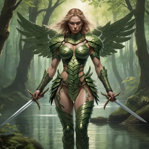 Prompt: Image of a forest angel wearing green leaves and holding double edged swords in each hand. The setting is a lakeside covered by a dense forest. There is a muscular sabretooth tiger by her side wearing body armour. 