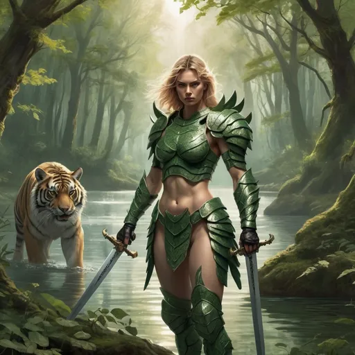 Prompt: Image of a forest angel wearing green leaves and holding double edged swords in each hand. The setting is a lakeside covered by a dense forest. There is a muscular sabretooth tiger by her side wearing body armour. 