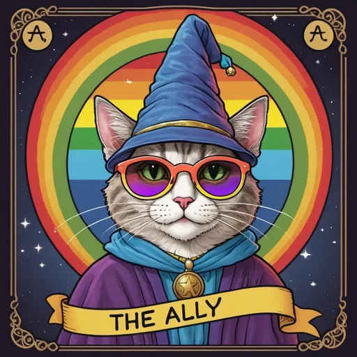 Prompt: A tarot card of the ally featuring a cartoon cat with sunglasses and a wizard hat and rainbow colors and a banner across the bottom that says "The Ally" high res