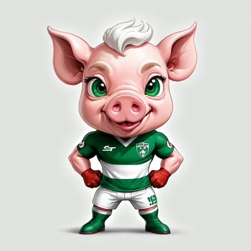 Prompt: Draw a modern and digital artistic version of the Palmeiras mascot, which is a clever pig with human features, with a fierce and imposing expression, strong, white and green color palette, scene comes to life with the action of Marvel characters in super heroes style, white background . --s 750