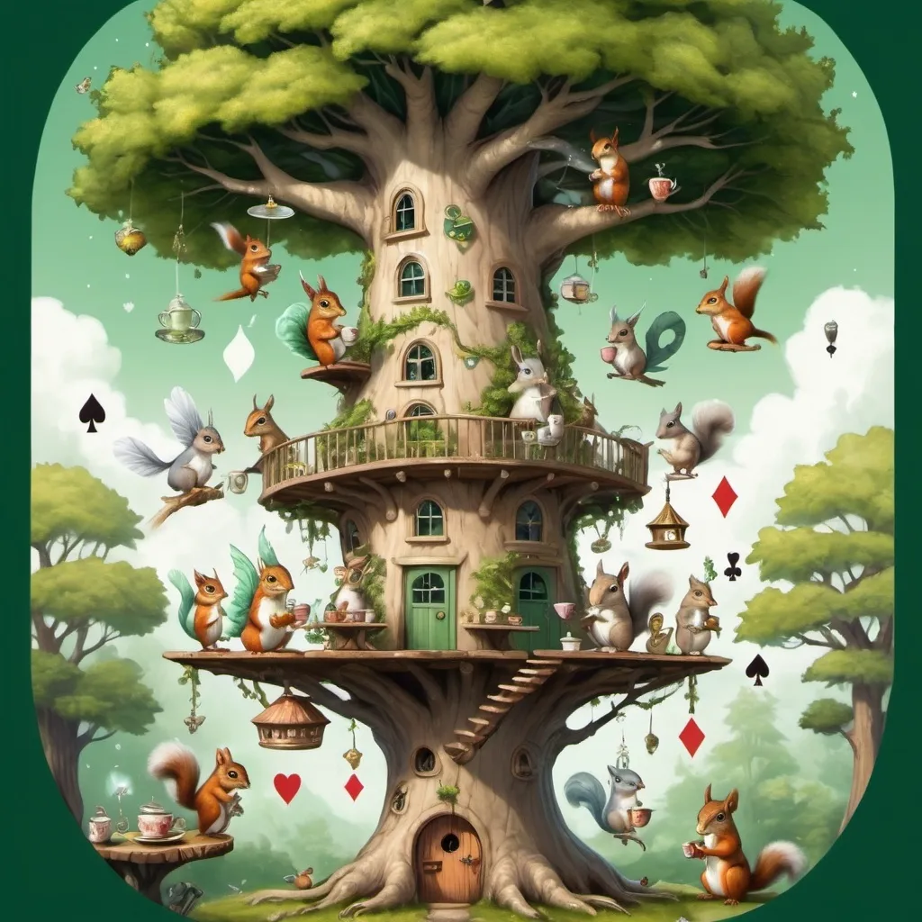 Prompt: Tall magical tree top with rooms. Birds playing card games and squirrells drinking tea. Fairy with green wings and white hair