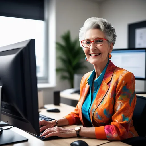 Prompt: (tall older woman), sitting at a computer, (realism style), (vibrant color scheme), (detailed clothing), natural lighting, in an office, happy.