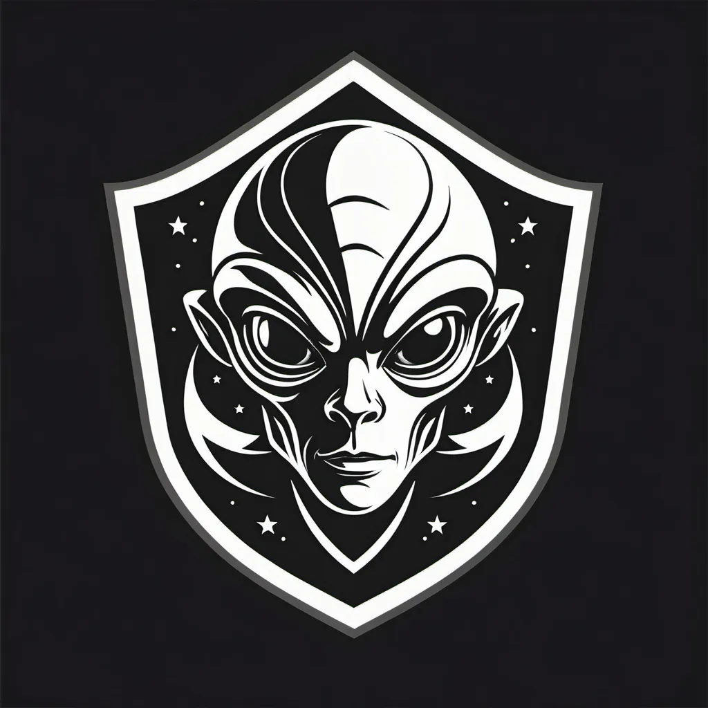 Prompt: Black and White colored alien head sports crest logo