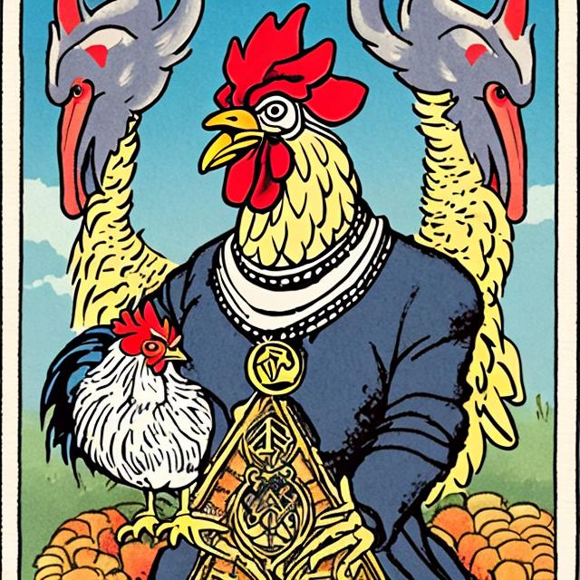 Prompt: An cartoon image of a hand holding A tarot card with an image of a rooster on it