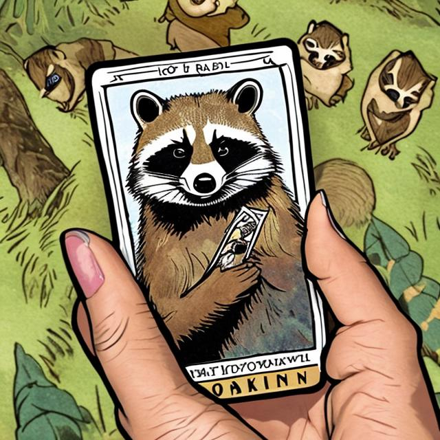 Prompt: An cartoon image of a hand holding A tarot card with an image of a raccoon on it
