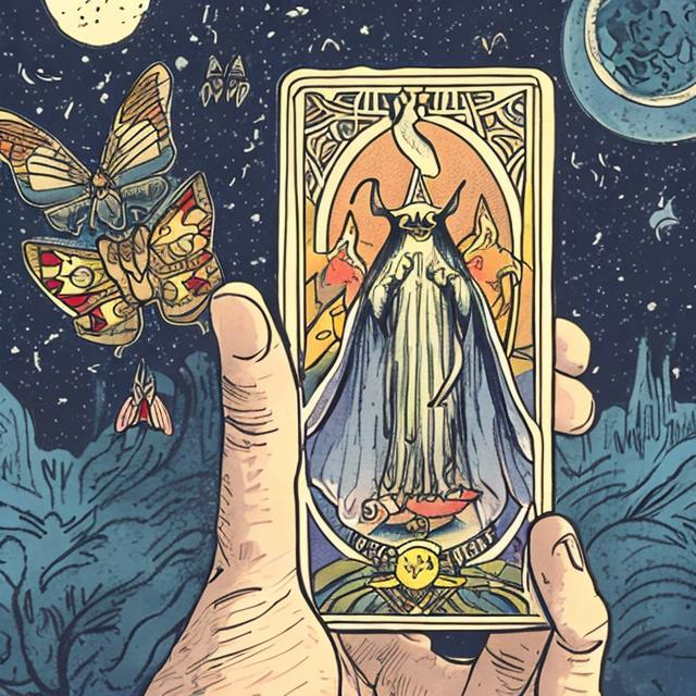 Prompt: A cartoon image of a hand holding a Tarot card with an image of a moth and moon on it 