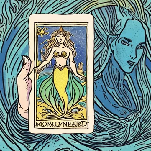 Prompt: A cartoon image of a hand holding a tarot card with an image of a mermaid on it