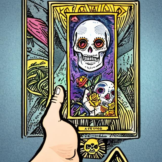 Prompt: An cartoon image of a hand holding A tarot card with an image of a sugar skull on it