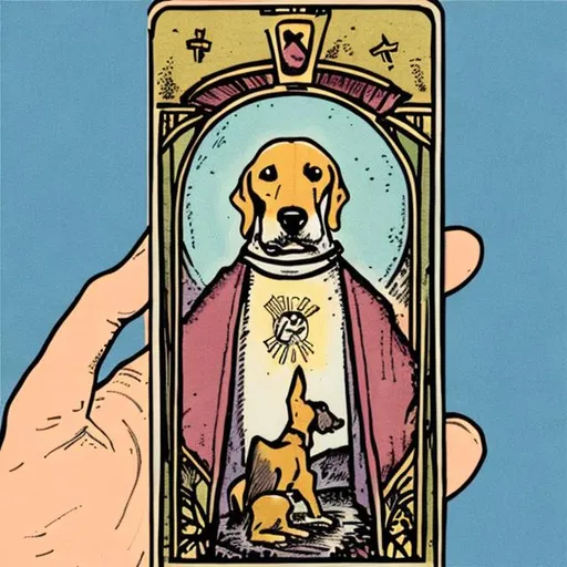 Prompt: An cartoon image of a hand holding A tarot card with an image of a dog on it