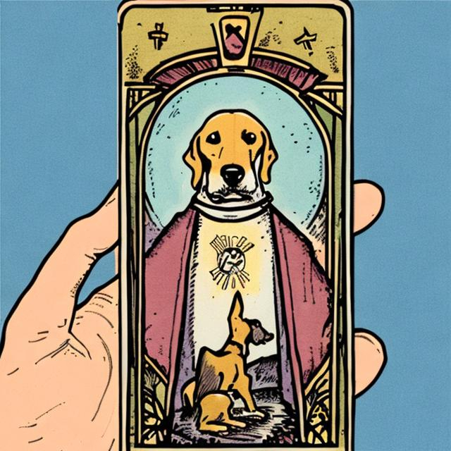 Prompt: An cartoon image of a hand holding A tarot card with an image of a dog on it