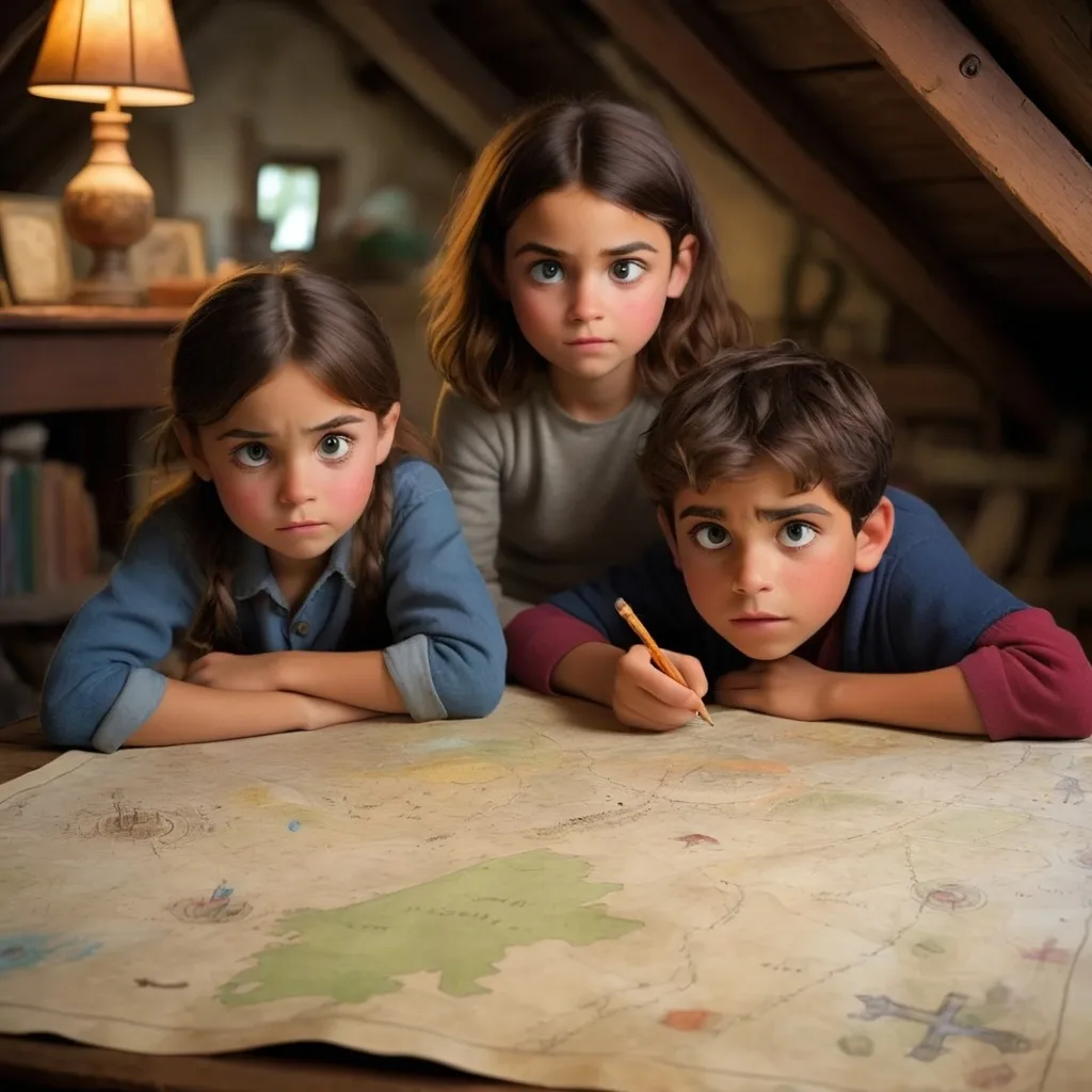Prompt: a small village, three friends—Lila, Sam, and Diego—found an old, dusty map in Lila's attic. The map had strange drawings and symbols, and at the center, it showed a big "X." Excited