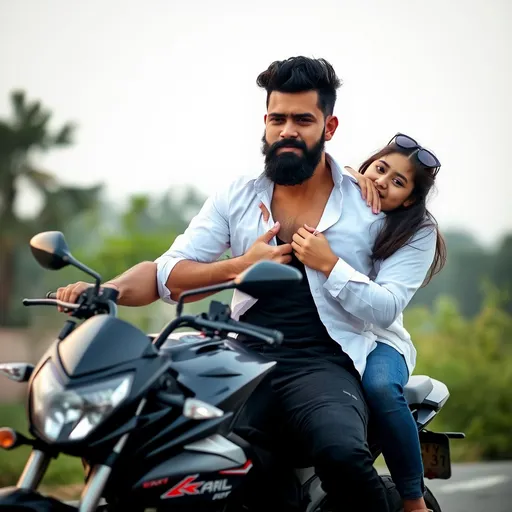 Prompt: a handsome desi muscular beard hunk riding a sports bike with a cute desi girl wearing his white shirt hugging him from back of his bike. Show his black tank top under his white shirt from taking off first two open buttons