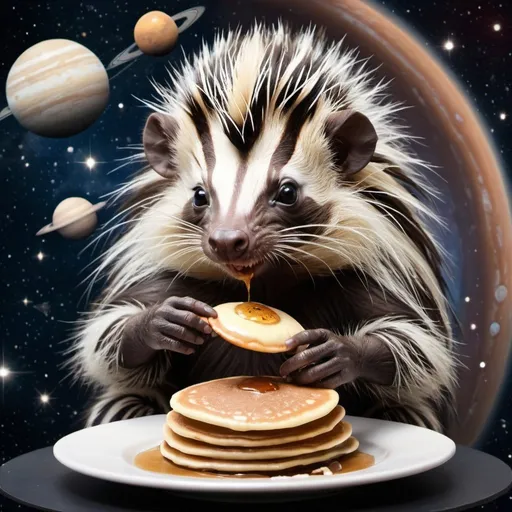 Prompt: A zebra porcupine hybrid eating a pancake in space with lots of planets and stars in the background realistic