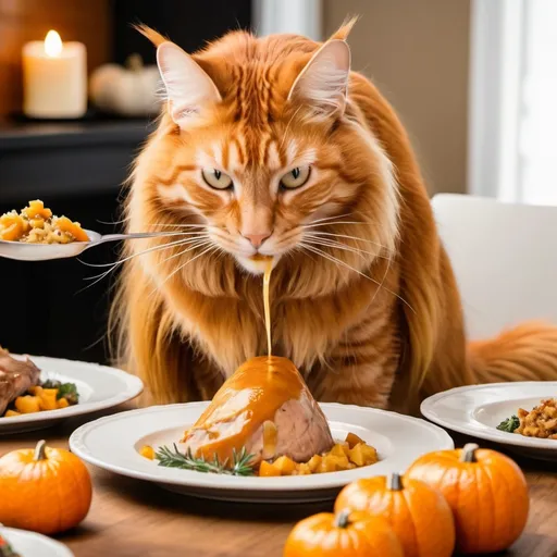 Prompt: Fancy Orange long hair tabby cat eating a perfectly cooked thanksgiving meal 