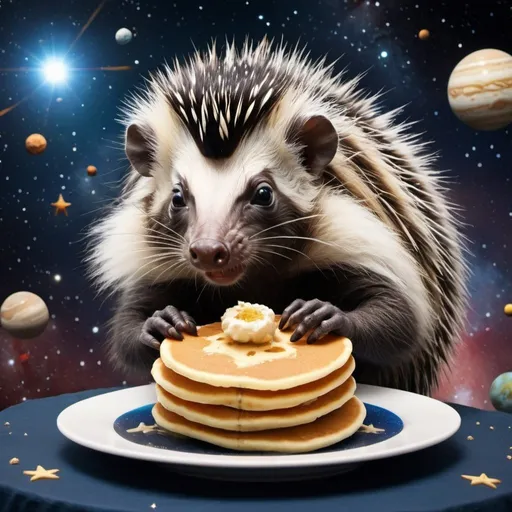 Prompt: A zebra porcupine hybrid eating a pancake in space with lots of planets and stars in the background realistic