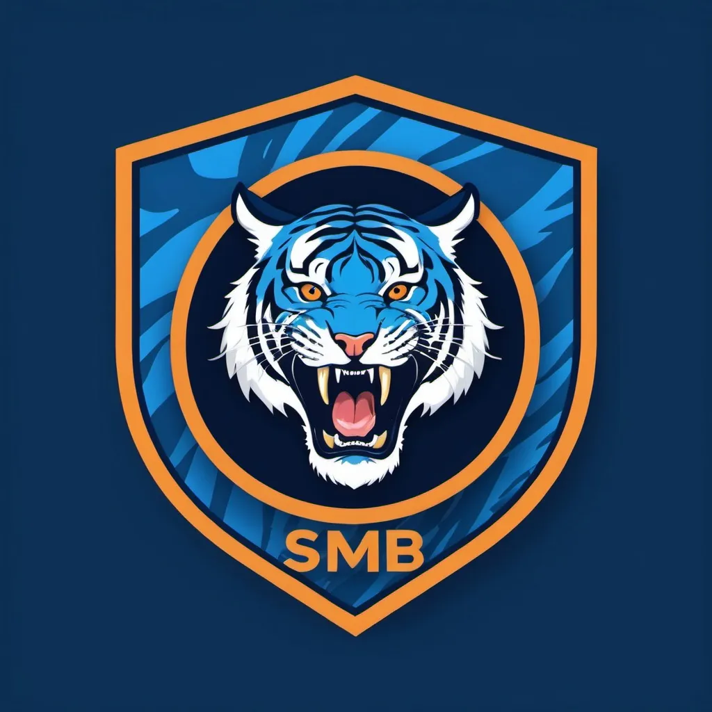 Prompt: create a circle shield, with the background blue, with a with tiger roaring for a Esport team, use the letters SMB.
