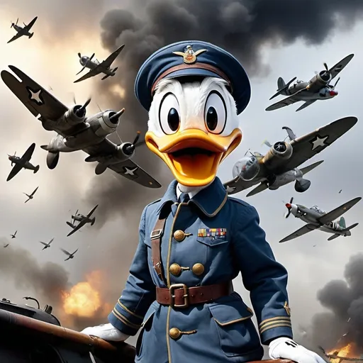 Prompt: Donald Duck, clad in a weathered aviator's uniform, grimaces as he leads his squadron of anthropomorphic ducks through stormy skies during World War II. Their planes are battered, engines roaring amidst anti-aircraft fire. Ducking enemy fighters, Donald issues terse commands in his distinctive voice, determination etched on his face. Amidst the chaos, he maneuvers with skill, his squadron following closely, feathers ruffled by the intensity of aerial combat.