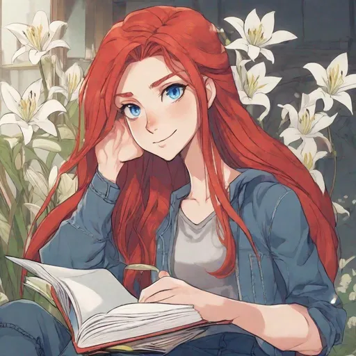 Prompt: a cartoon girl with long red hair with white lily in hair and blue eyes wearing a crop top and jeans, book in her hand, melkor manson, sakimi chan, an anime drawing, computer art
Negative prompt


