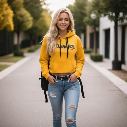 Prompt: a hyper realistic blonde girl tan flawless r he head wearing a unzipped hoodie with a yellow t shirt with midriff and low rise jeans with a belt walking outside with a backpack looking happy ponytail full body converse shoes 