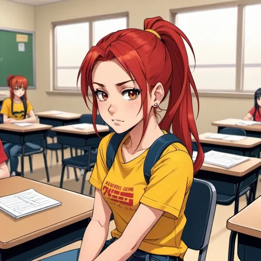 Prompt: anime style girl tan flawless with red hair ponytail wearing a with a yellow t shirt with midriff and low rise jeans with a belt sitting in a classroom looking bored cartoon