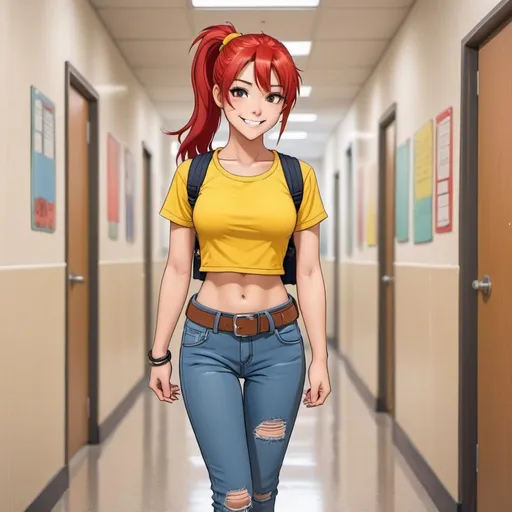 Prompt: anime style girl tan flawless with red hair ponytail wearing a with a yellow crop top and low rise jeans with a belt walking down hallway of school looking happy cartoon 