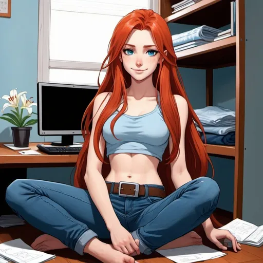 Prompt: a cartoon girl with long red hair with white lily in hair and blue eyes with no top underneath and jeans wearing a belt melkor manson,, an anime drawing, computer art Negative prompt full body looking happy model sitting in a dorm room