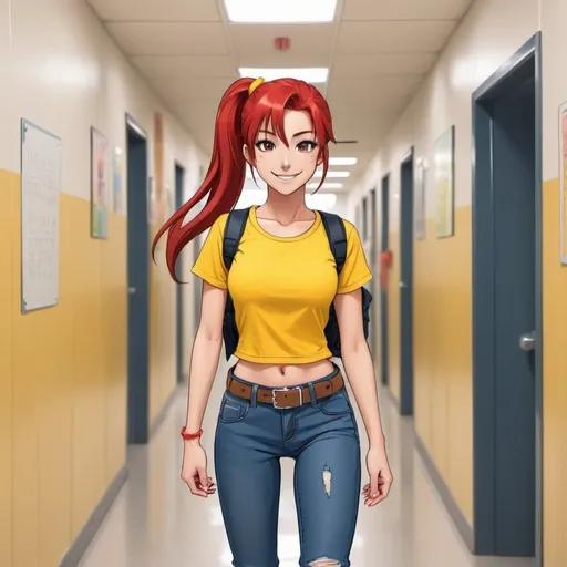 Prompt: anime style girl tan flawless with red hair ponytail wearing a with a yellow crop top and low rise jeans with a belt walking down hallway of school looking happy cartoon 