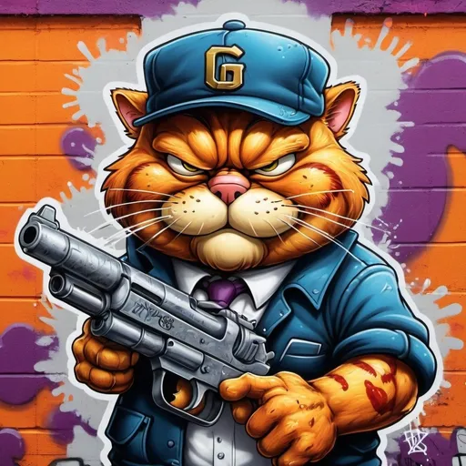 Prompt: Graffiti-style illustration of a gangster Garfield with a gun, vibrant and colorful, urban street setting, bold and rebellious, intricate graffiti art on walls, intense and fierce expression, high-quality, detailed spray-painted style, urban, graffiti, vibrant colors, intense expression, street art, gangster, rebellious, gun, detailed, high-quality