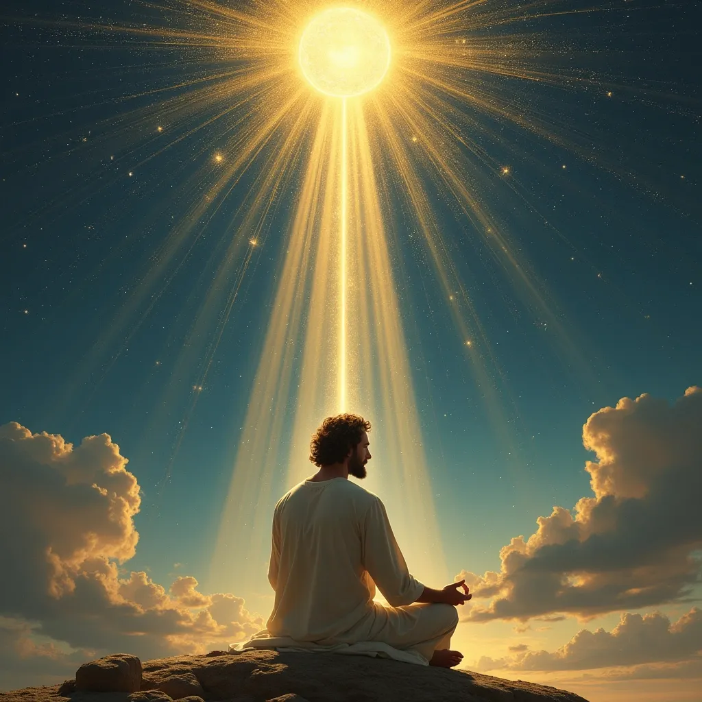 Prompt: 7. Paul in Invocation (Chapter 7)
“A figure resembling the Apostle Paul meditating beneath a sky of stars. Above him, divine beings (Aeons) emerge from rays of light descending from a golden Monad. He’s not worshipping — he’s remembering. Scene is serene, ancient and symbolic.”