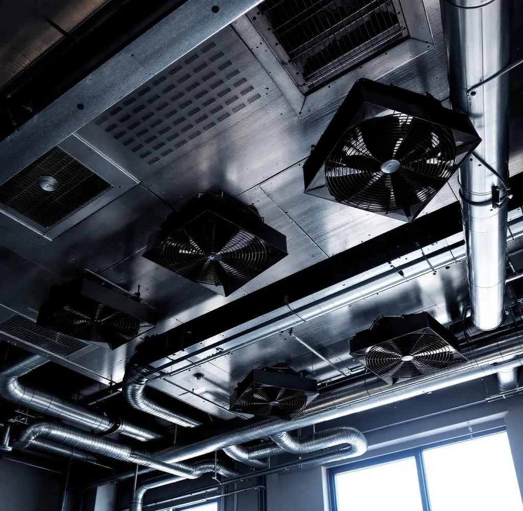 Prompt: Ventilation system, intricate ductwork with vents, industrial design, cool metallic tones, sleek and functional aesthetic, high-efficiency fans, open concept layout, sunlight streaming through, creating shadows, spacious environment, modern architecture background, showcasing airflow dynamics, ultra-detailed, high definition, clean lines, strong contrasts, sophisticated technology theme.