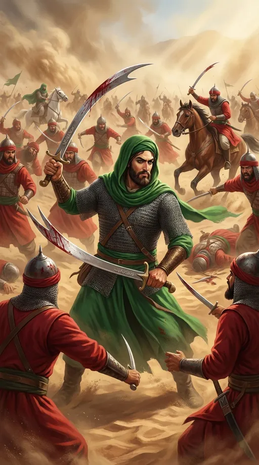 Prompt: سکانس 1: امام حسین (ع) در میدان نبرد صحرا شن و شمشیر هلال شکل عربی 
ویدیو با امام حسین (ع) در میدان نبرد آغاز می‌شود، او لباس سبز به تن دارد و با قدرت و دلیری می‌جنگد. شمشیر خونین در دستش است و در مقابل دشمنانی که لباس قرمز به تن دارند، ایستاده. میدان نبرد پر از صدای برخورد شمشیرها، اسب‌های در حال دویدن و فریادهای جنگ است. لباس سبز امام حسین (ع) در تضاد کامل با لباس قرمز دشمنان قرار دارد، نماد پاکی و حقیقت در برابر خشونت و فساد