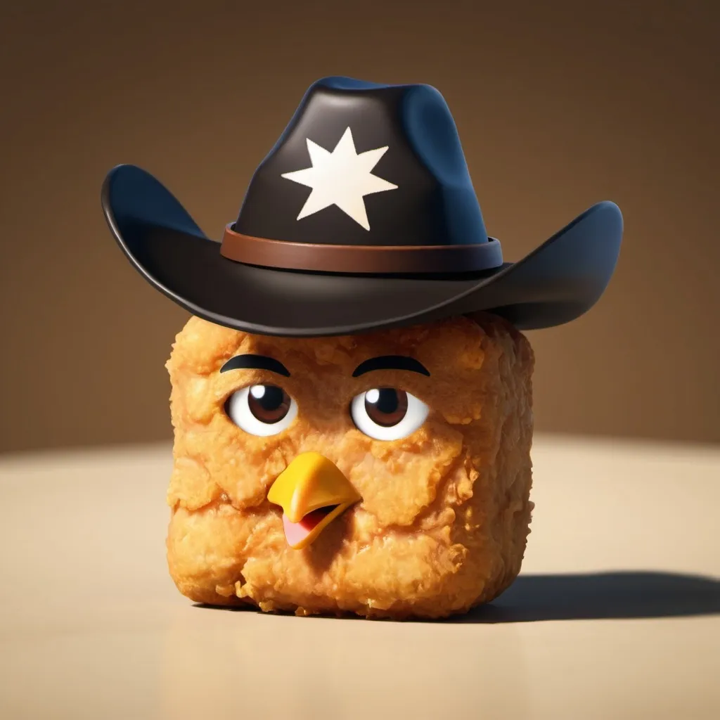 Prompt: A chicken nugget with a cowboy hat and a man face from roblox