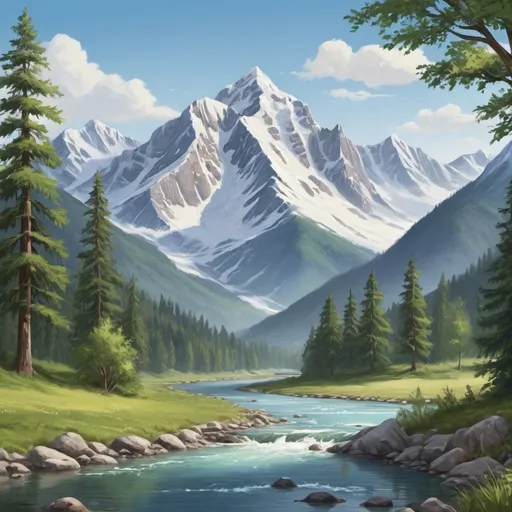 Prompt: Scenic Mountain Landscape: Paint or draw a majestic mountain range with snow-capped peaks, lush green forests, and a clear blue sky. You can include a winding river or a serene lake at the base of the mountains to add more depth to the scene.