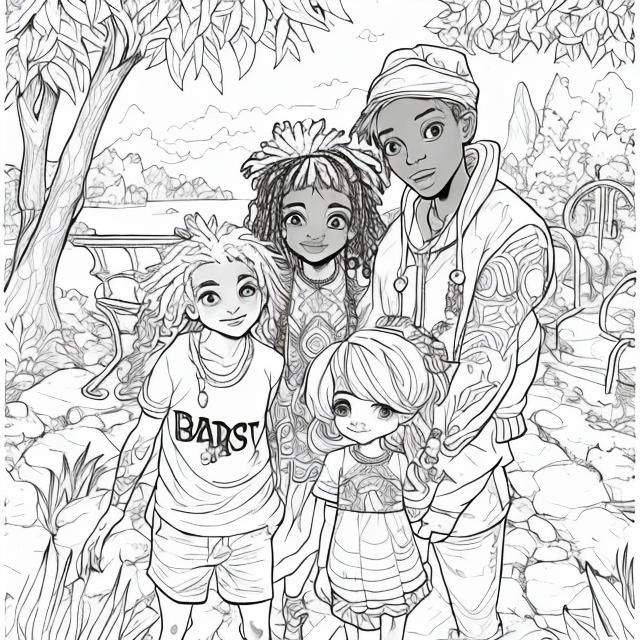 Prompt: Coloring page magic realism, Portrait draw cute, older african-american woman with young african-american boy,  blonde hair, gray eyes, long blonde hair, running outside background, in a park with a playground and a lake in the background, kawaii style cartoon coloring page for kids, cartoon style, clean line art low detailed, no background, no shadow, white and black, no grey, short neck, monochrome, coloring book, sketchbook, realistic sketch, free lines, on paper, character sheet, 8kit a clarity and clean appearance, 8k