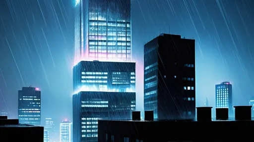 Prompt: Photorealistic image, top of two skyscrapers under rain, midnight scene, dark and moody color scheme, vibrant wet surfaces glistening, atmospheric lighting reflecting from raindrops, shadows cast from nearby structures, depth created by mist, high-detail textures showing the effects of rain, ultra-detailed, intense realism.