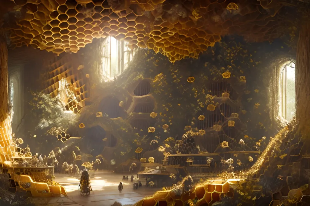 Prompt: a beehive interior inhabited by human like bees greg rutkowski in a giant tree, honeycomb walls, royal chambers, honeycomb throne, small interior