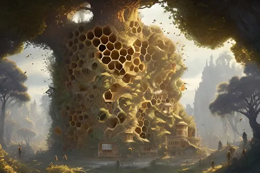 Prompt: a beehive castle inhabited by human like bees greg rutkowski in a giant tree, honeycomb walls