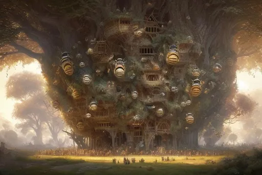 Prompt: a beehive castle inhabited by human like bees greg rutkowski in a giant tree