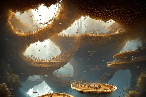 Prompt: a beehive giant interior inhabited by human like bees greg rutkowski in a giant tree, honeycomb walls, pools of honey, streams of honey, honeycomb bridges
