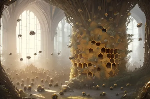 Prompt: a beehive interior inhabited by human like bees greg rutkowski in a giant tree, honeycomb walls, royal chambers, honeycomb throne, small interior, focus throne, royal guards