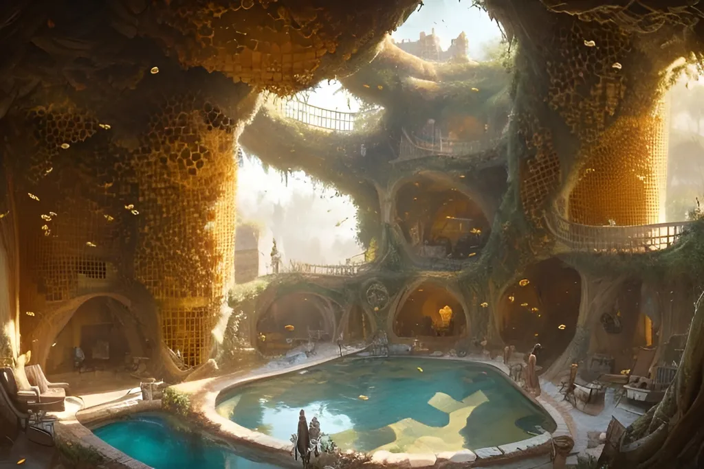 Prompt: a beehive castle interior inhabited by human like bees greg rutkowski in a giant tree, honeycomb walls, pools of honey, streams of honey, honeycomb bridges, big interior