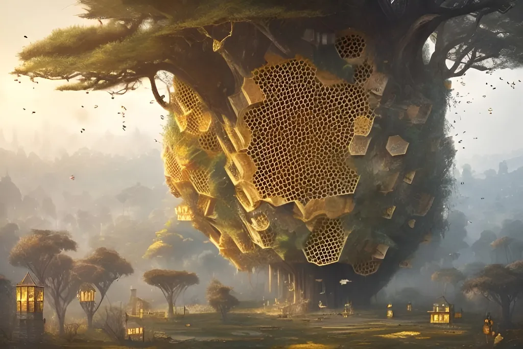 Prompt: a beehive castle inhabited by human like bees greg rutkowski in a giant tree, honeycomb walls