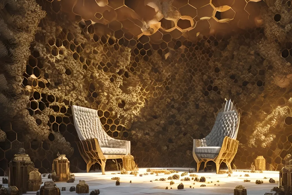 Prompt: a beehive interior inhabited by human like bees greg rutkowski honeycomb walls, royal chambers, honeycomb throne, small interior, throne