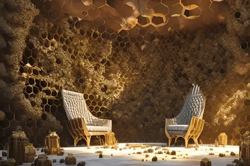 Prompt: a beehive interior inhabited by human like bees greg rutkowski honeycomb walls, royal chambers, honeycomb throne, small interior, throne