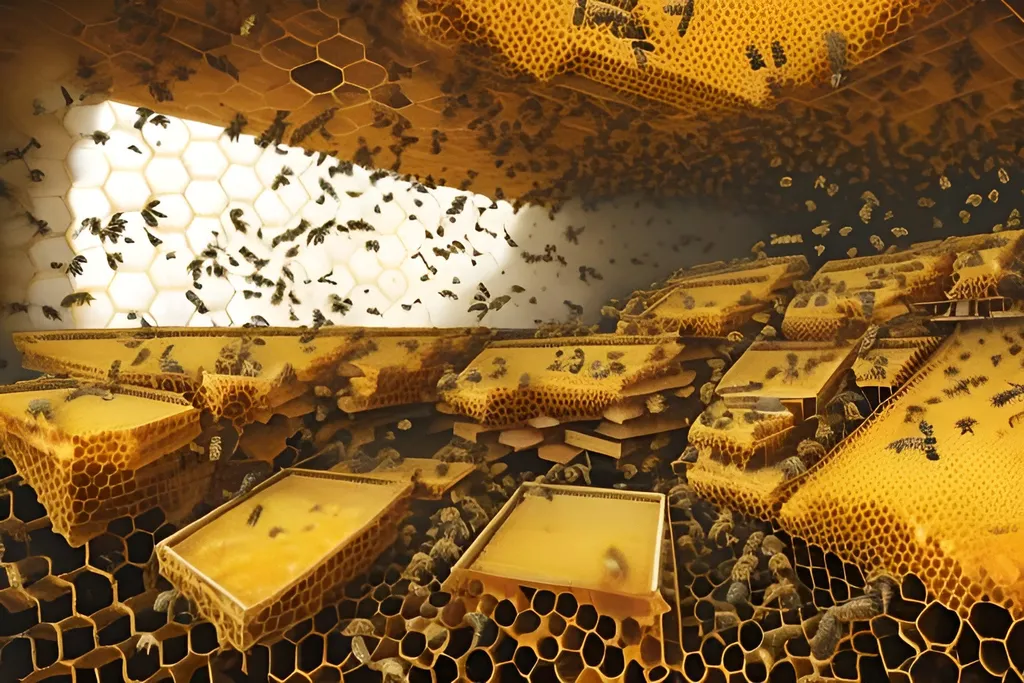 Prompt: a beehive interior inhabited by human like bees greg rutkowski, honey reservoir, honey treatment, honey, lake of honey, streams of honey, lots of honey, no bees