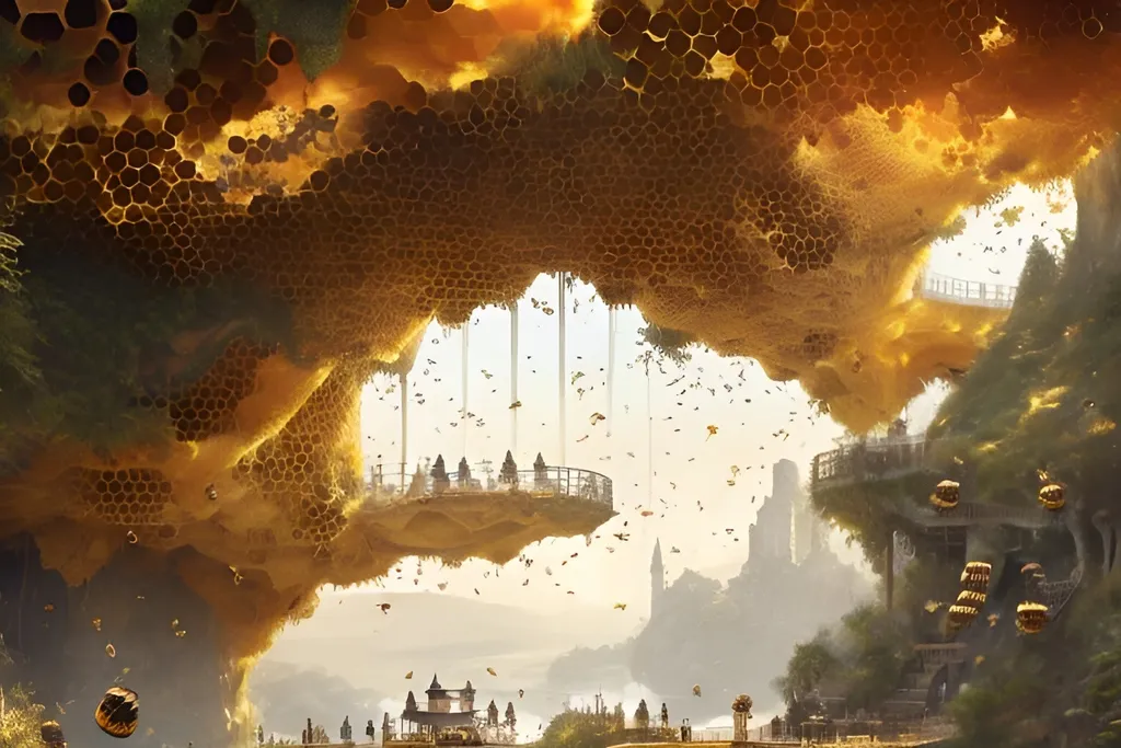 Prompt: a beehive castle interior inhabited by human like bees greg rutkowski in a giant tree, honeycomb walls, pools of honey, streams of honey, honeycomb bridges, big interior