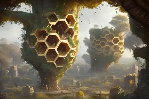 Prompt: a beehive castle inhabited by human like bees greg rutkowski in a giant tree, honeycomb walls