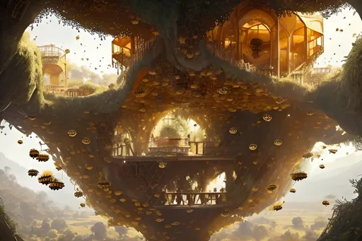 Prompt: a beehive castle interior inhabited by human like bees greg rutkowski in a giant tree, honeycomb walls, pools of honey, streams of honey, honeycomb bridges, big interior