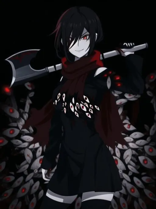 Prompt: a woman in a black dress and red scarf standing in front of a black background with red circles and circles, Alice Prin, gothic art, red eyes, a character portrait, steel axe, long axe, crazy smile, insane eyes, glare, eyes, eldritch, body horror, blood, crazy pupils, cinematic, yandere