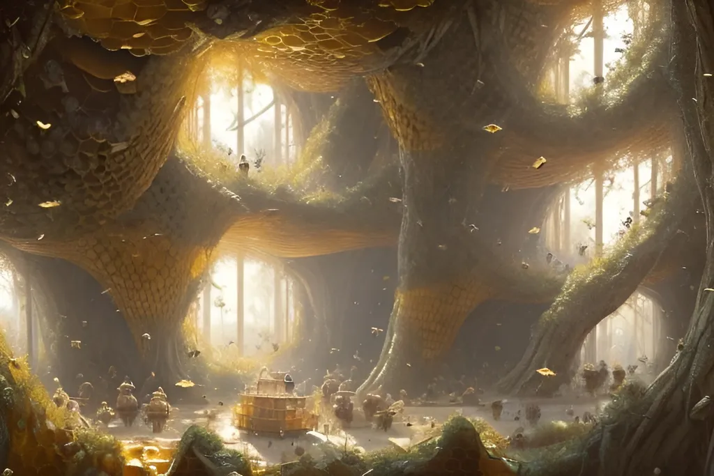 Prompt: a beehive interior inhabited by human like bees greg rutkowski in a giant tree, honeycomb walls, royal chamber, empty
